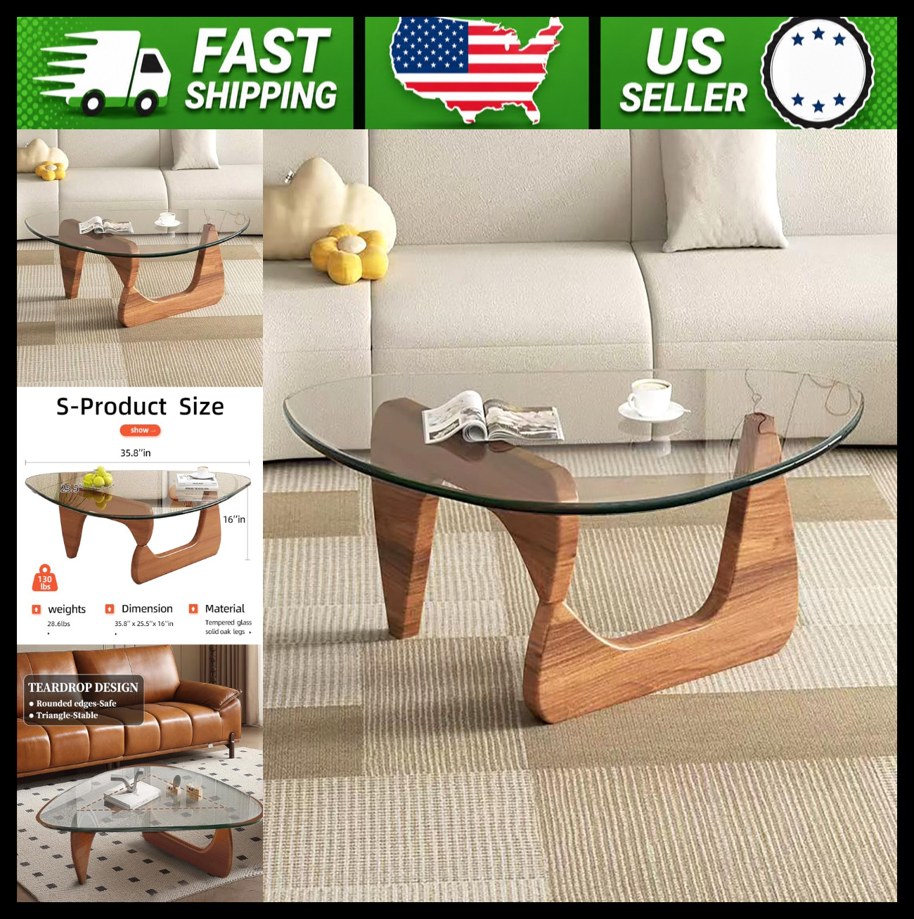 Modern Glass Coffee Table Walnut Transparent Medium for Living Room