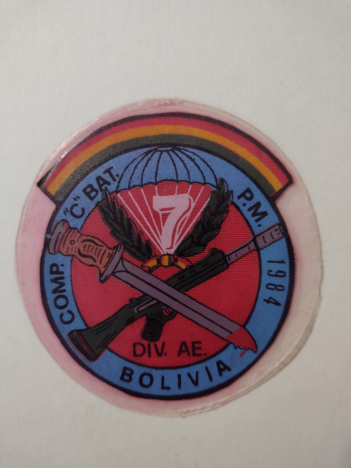 BOLIVIA COMP. "C" BAT. P.M.  1984 7 DIV. AE PATCH IN CLEAR PLASTIC