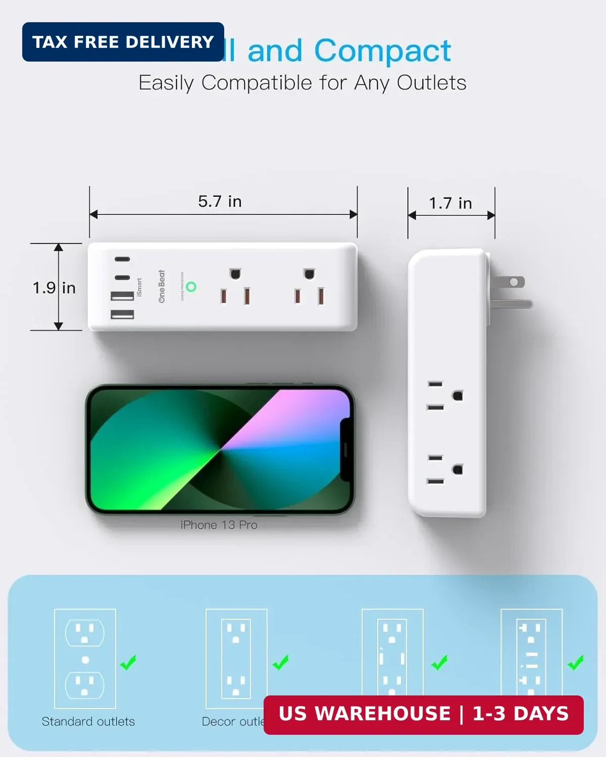 Surge Protector Outlet Extender - with Rotating Plug, 6 AC Multi Plug Outlet wit