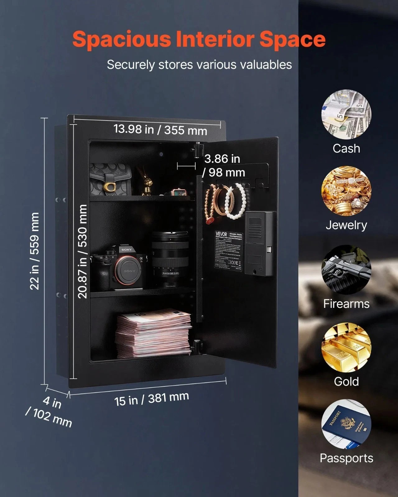 Wall Safe, 3-Tier Hidden Wall Safe with Fingerprint, Password, Key & Turning