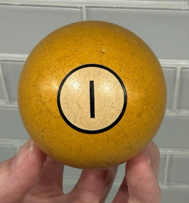 Vintage Clay Billiard Pool Ball Brunswick Aged Patina YELLOW #1 Ball - SO COOL!