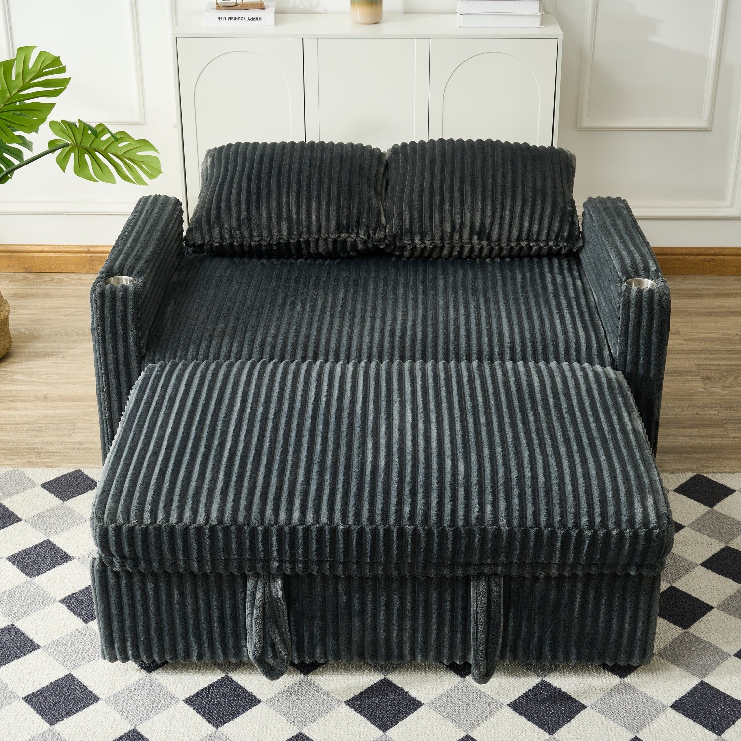 Convertible Sleeper Sofa Bed Corduroy Loveseat Sofa with Pull Out Bed & USB Port