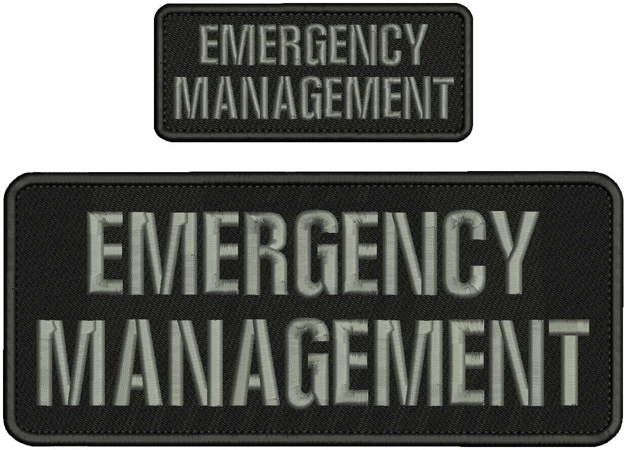 EMERGENCY MANAGEMENT embroidery patches 4x10 and 2x5 hook on back letters grey