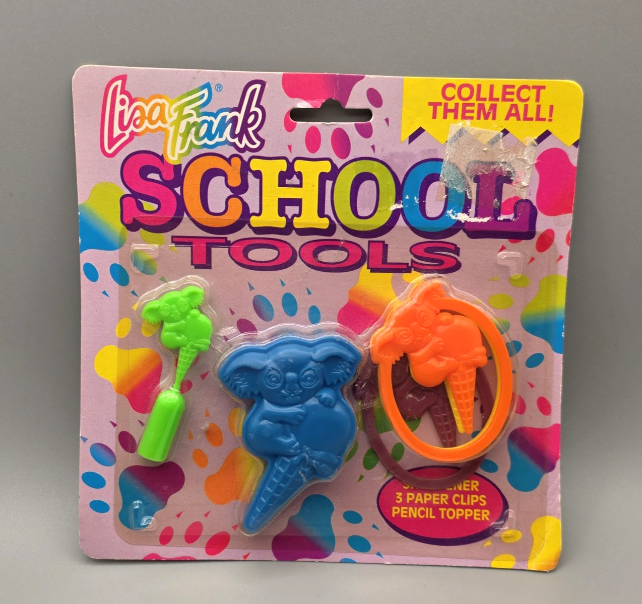 Vintage Lisa Frank School Tools Koala Pencil Sharpener Topper Paper Clips 1990