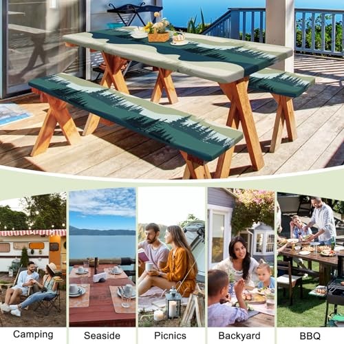 Picnic Table Cover with Bench Covers Portable Table Cloth 96x30in Green Blue