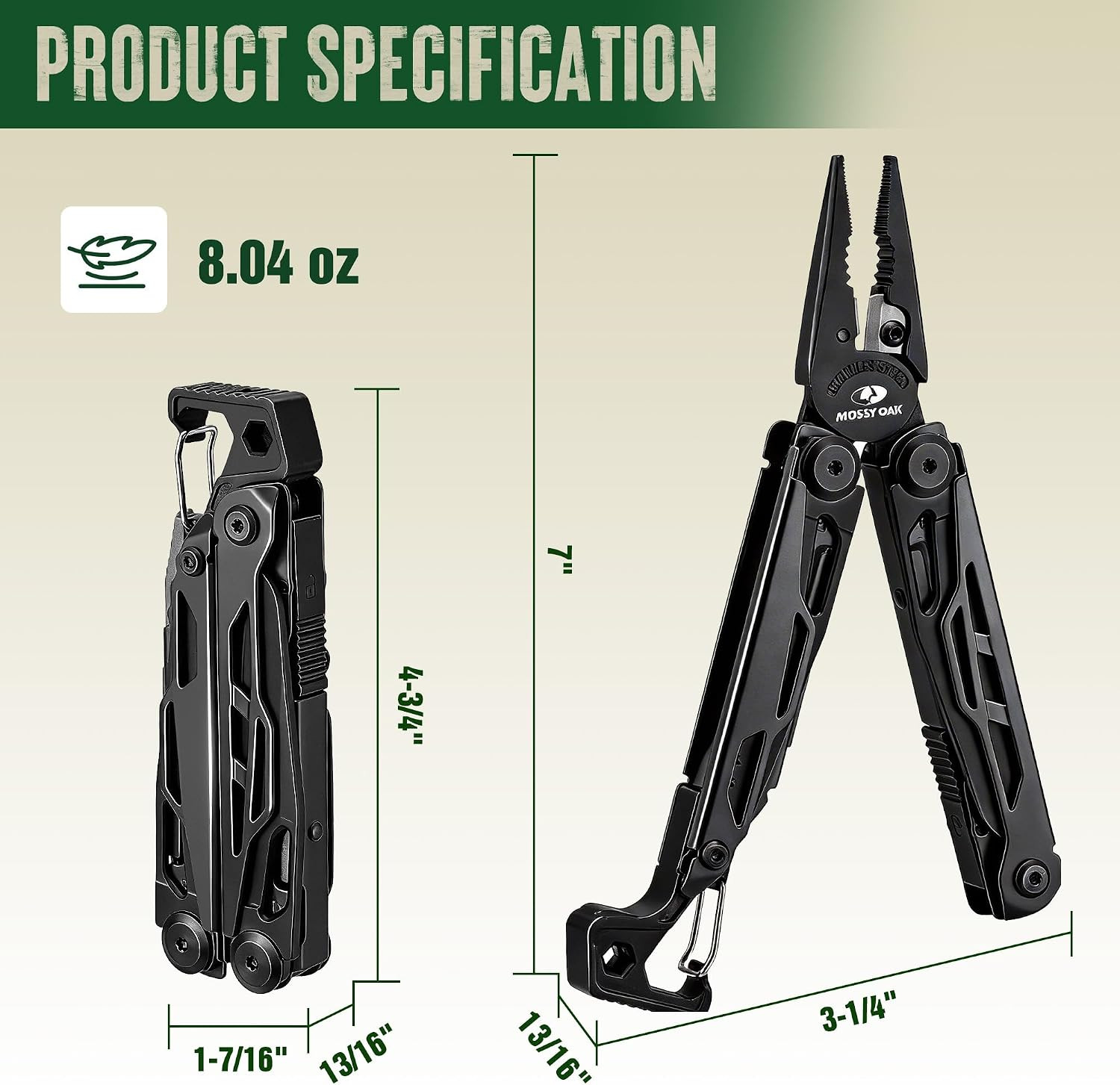 MOSSY OAK 27-In-1 Cnc-Machined Multitool Pliers Self-Locking | Includes Knife, F