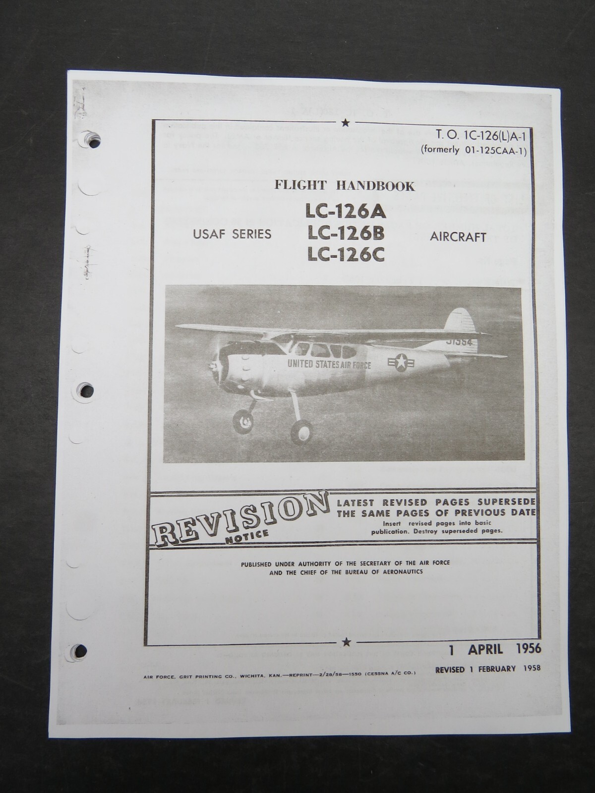 1956 , Updated to 1958 USAF LC-126 A , B, C ( Cessna 195 ) 55pg Flight Handbook