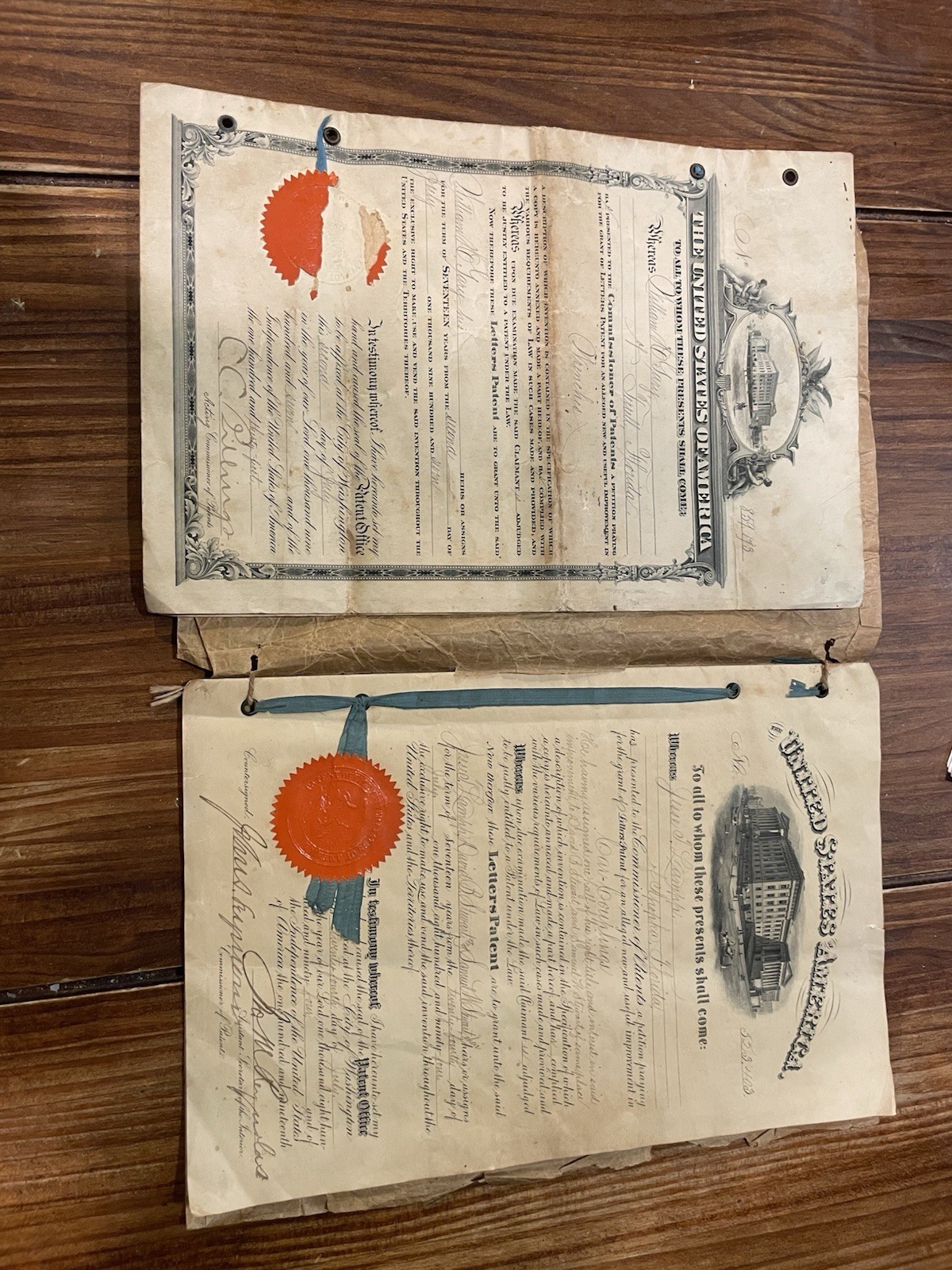 2 Original US Patent Docs 1894 & 1907 Complete Sets w/ Seal Antique Lot