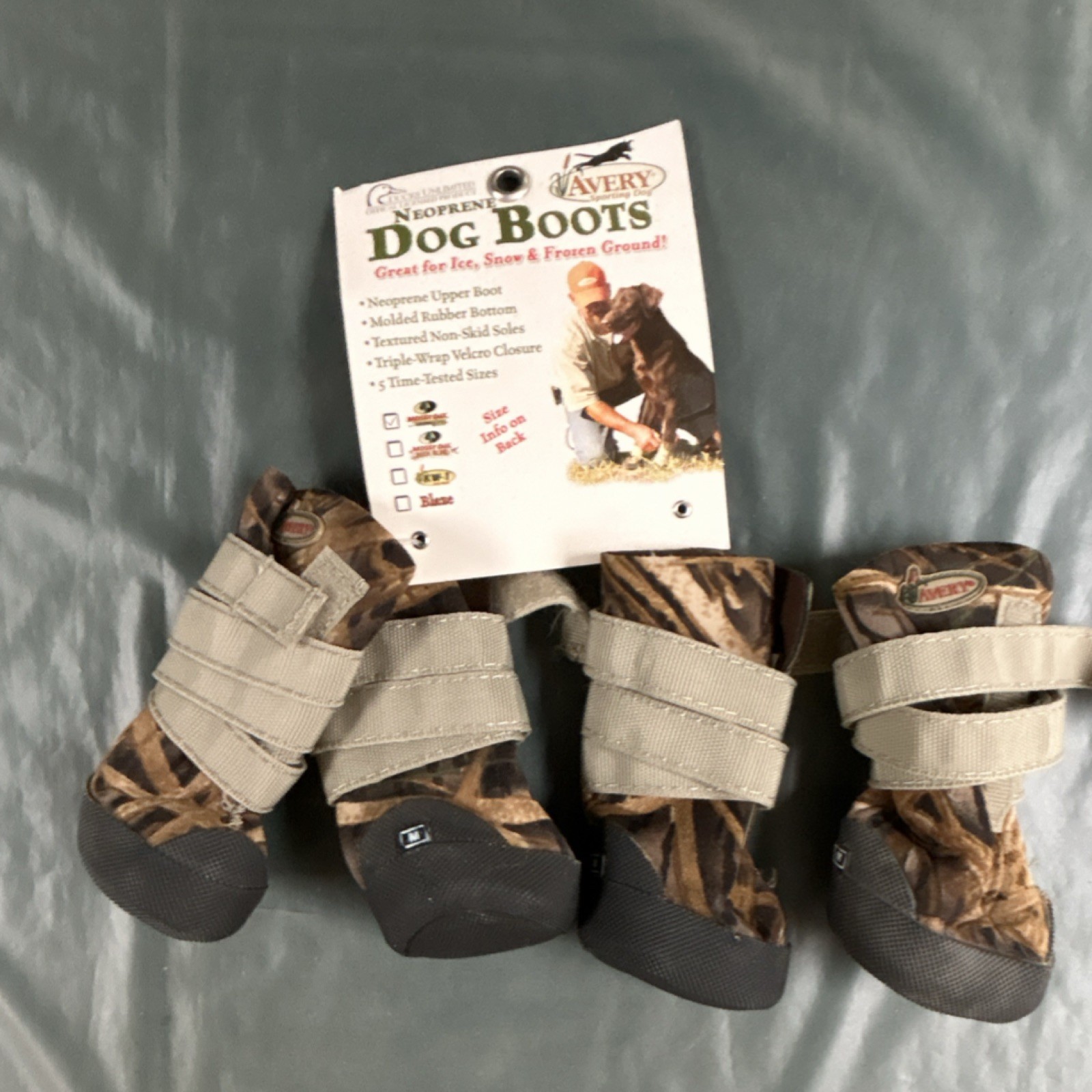 Avery Neoprene Dog Boots Camo Set of 4 Textured Non-Skid Soles w/ straps Sz Med
