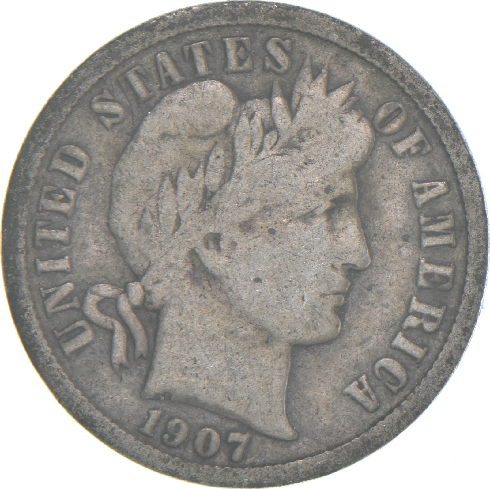 1907-S Barber Dime 90% Silver Average Circ