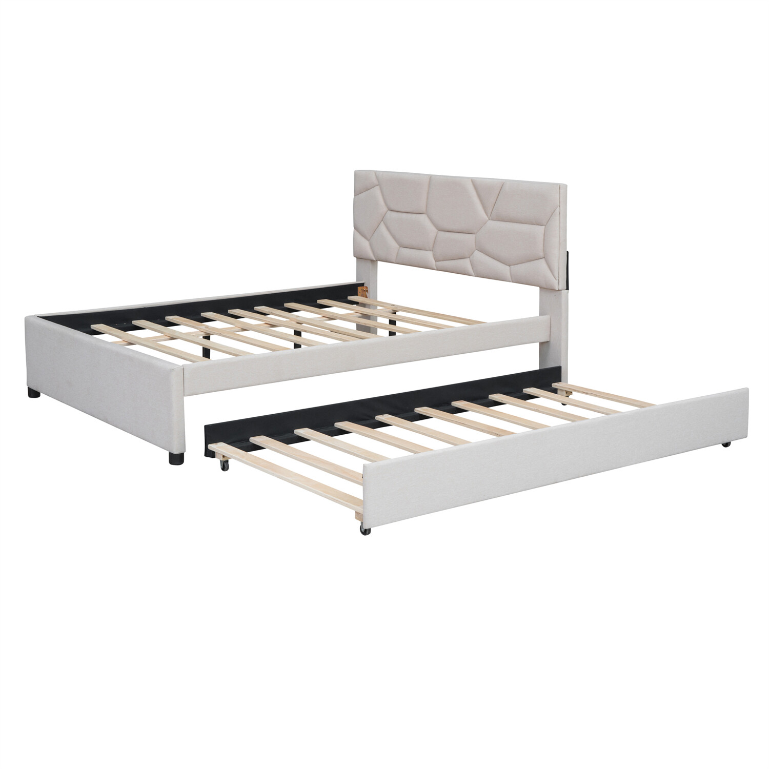 Full/Queen Size Bed Frame Upholstered Platform Bed w/ Headboard Beige/Gray