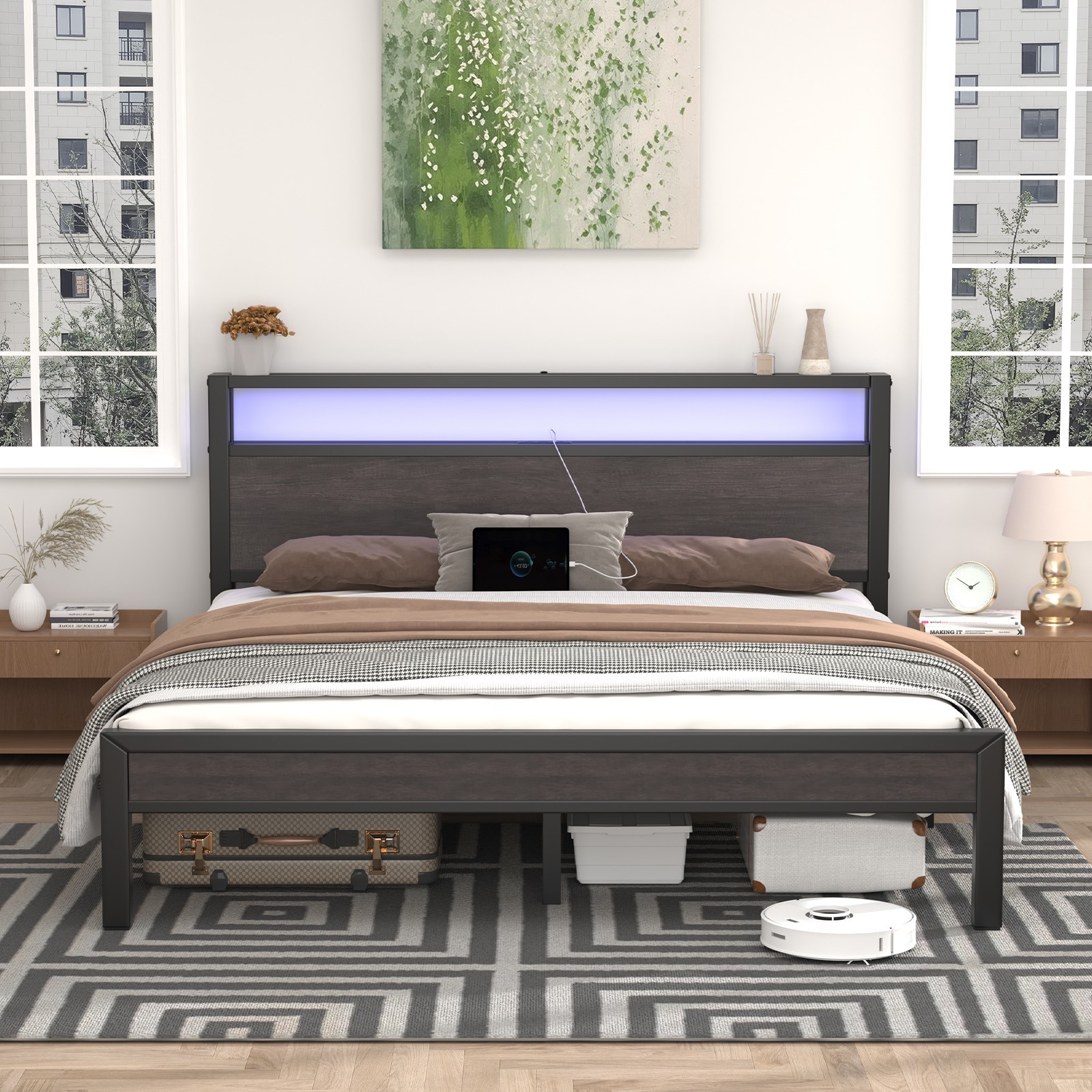 Full/Queen/King Metal Bed Frame with Storage Headboard and Charging Station