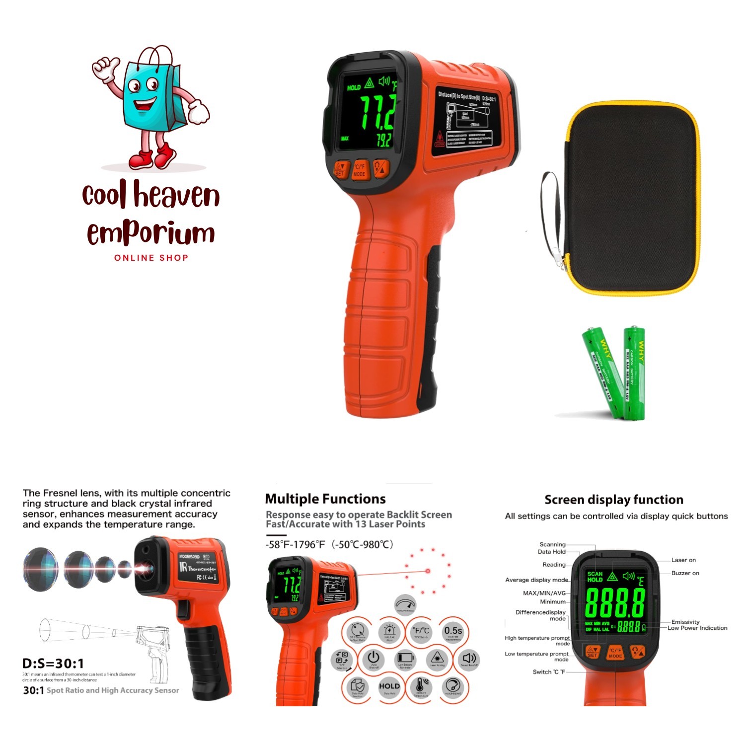 50:1 Infrared Thermometer Gun, -58°F to 1796°F Digital Laser Temp for BBQ & C...