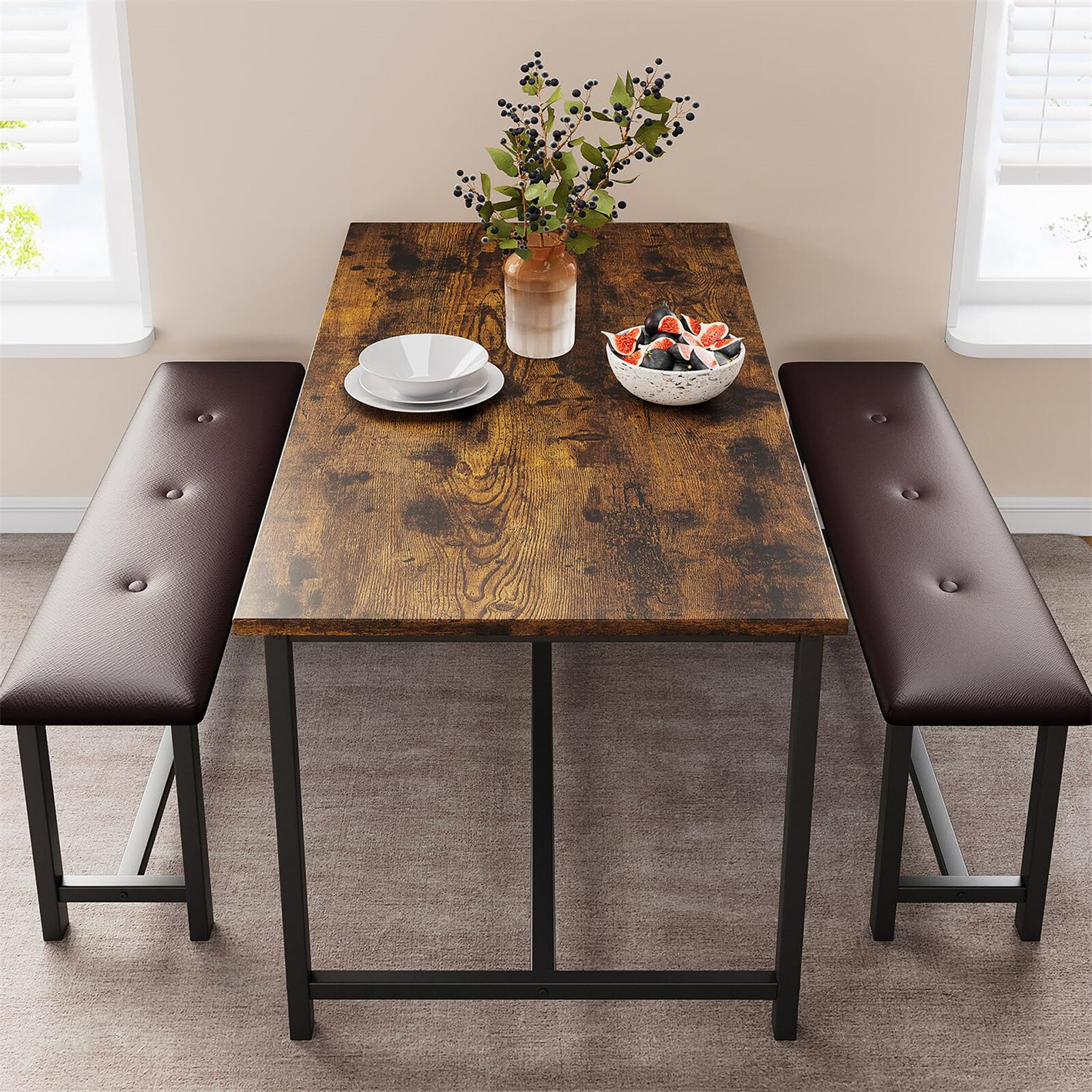 🍊Rustic Brown 3Piece Kitchen Table Set Dining Table and Chairs Dining Table Set