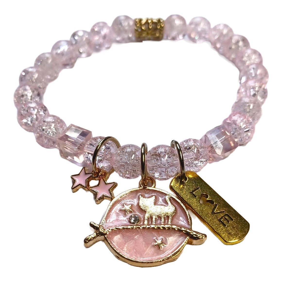 Pink Glass Crackle Beaded Bracelet with Cat Charm and LOVE Charm