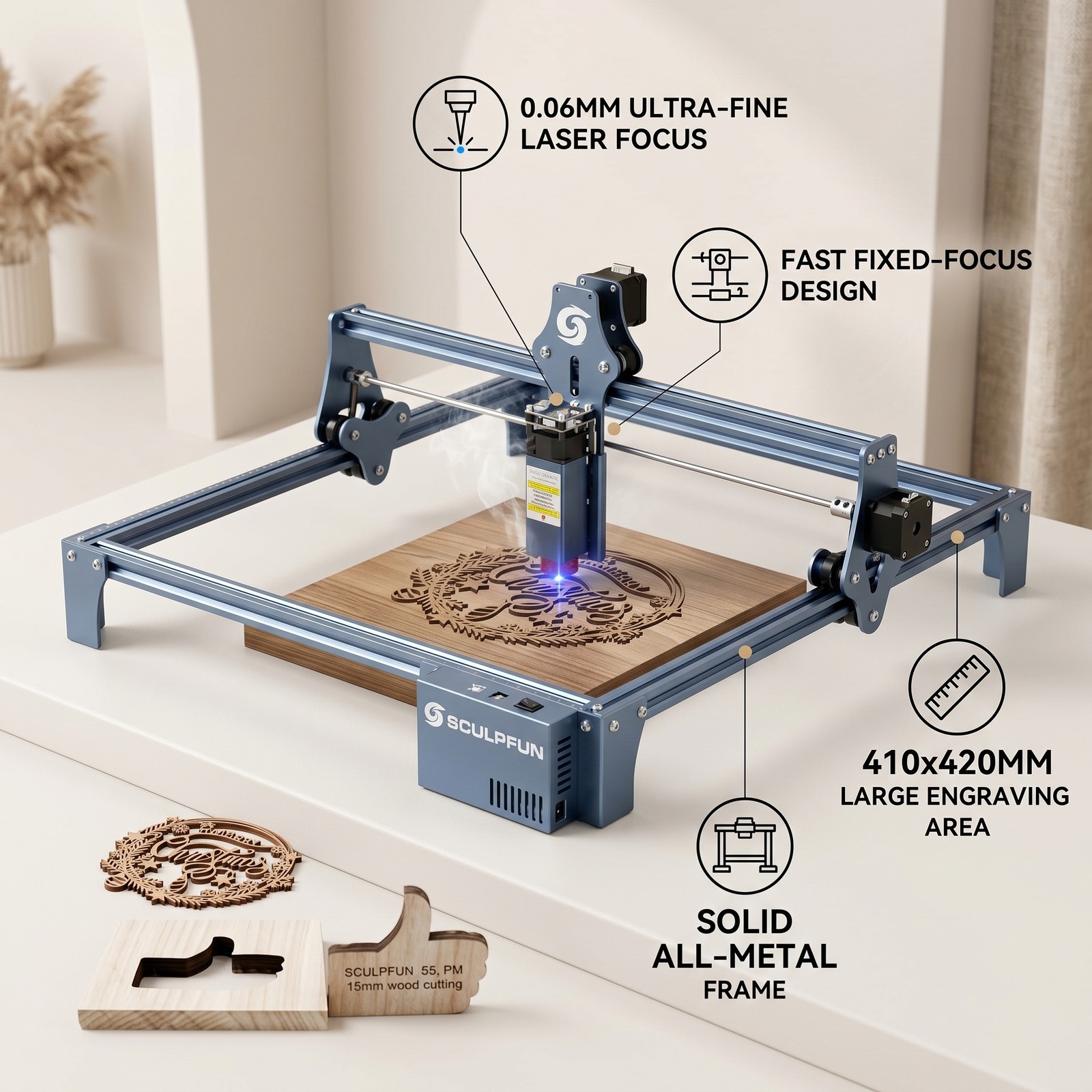 SCULPFUN S9 CNC Laser Engraving Machine 5.5W, 0.06mm for Wood/Acrylic/Metal