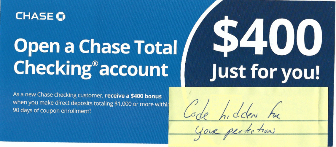 $400 Bonus Chase Bank Coupon Checking Account Exp 10/15/2026 Only $1,000 Deposit