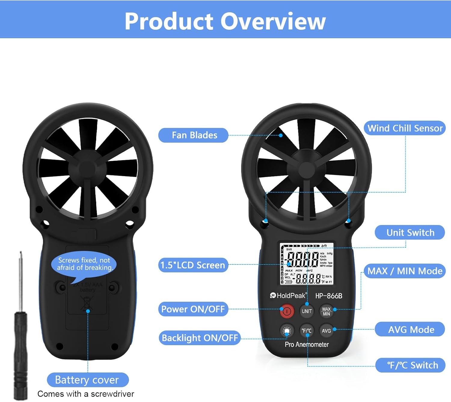 HoldPeak 866B Digital Anemometer Handheld Wind Speed Meter for Measuring