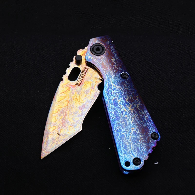 New Flame Pattern Blade TC4 Titanium Blue Anodized Custom Handle EDC Pocketknife