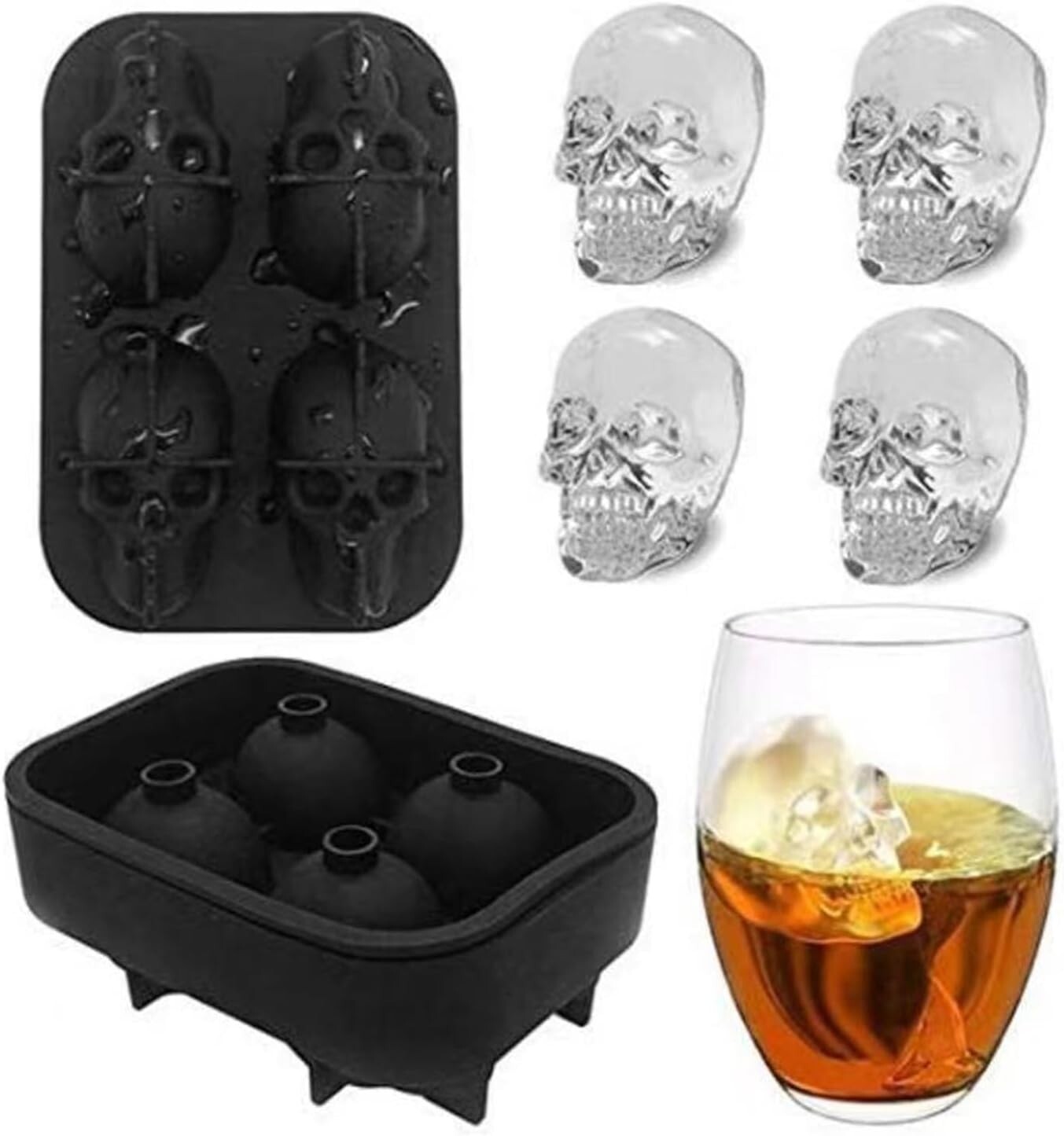2 Pack Silicone 3D Skull ICE Cube Tray Maker Mold Whiskey Cocktail