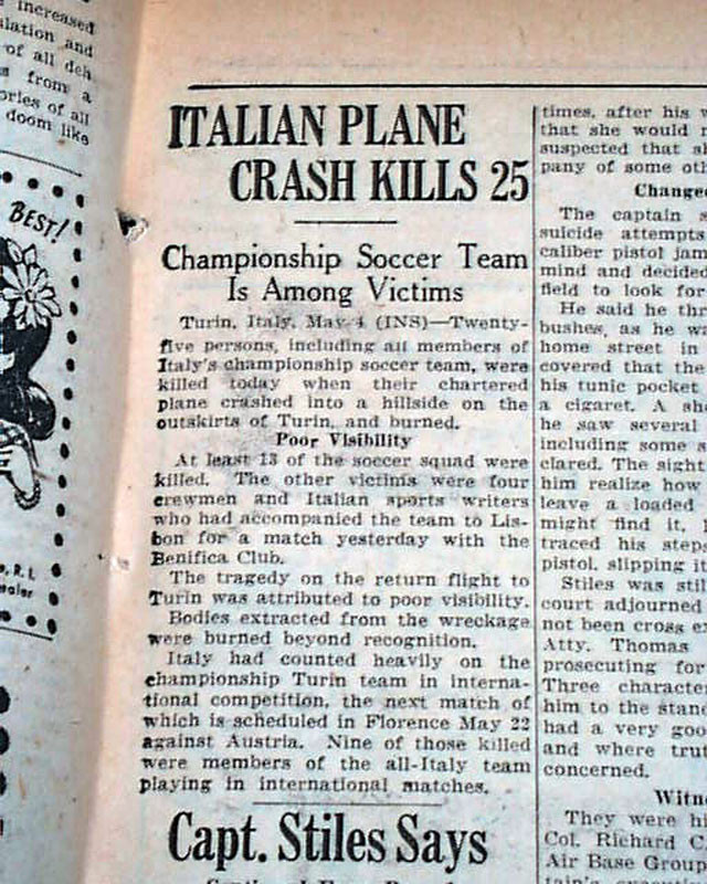 Grande TORINO FOOTBALL Soccer CLUB Superga Airplane Disaster Italy1949 Newspaper