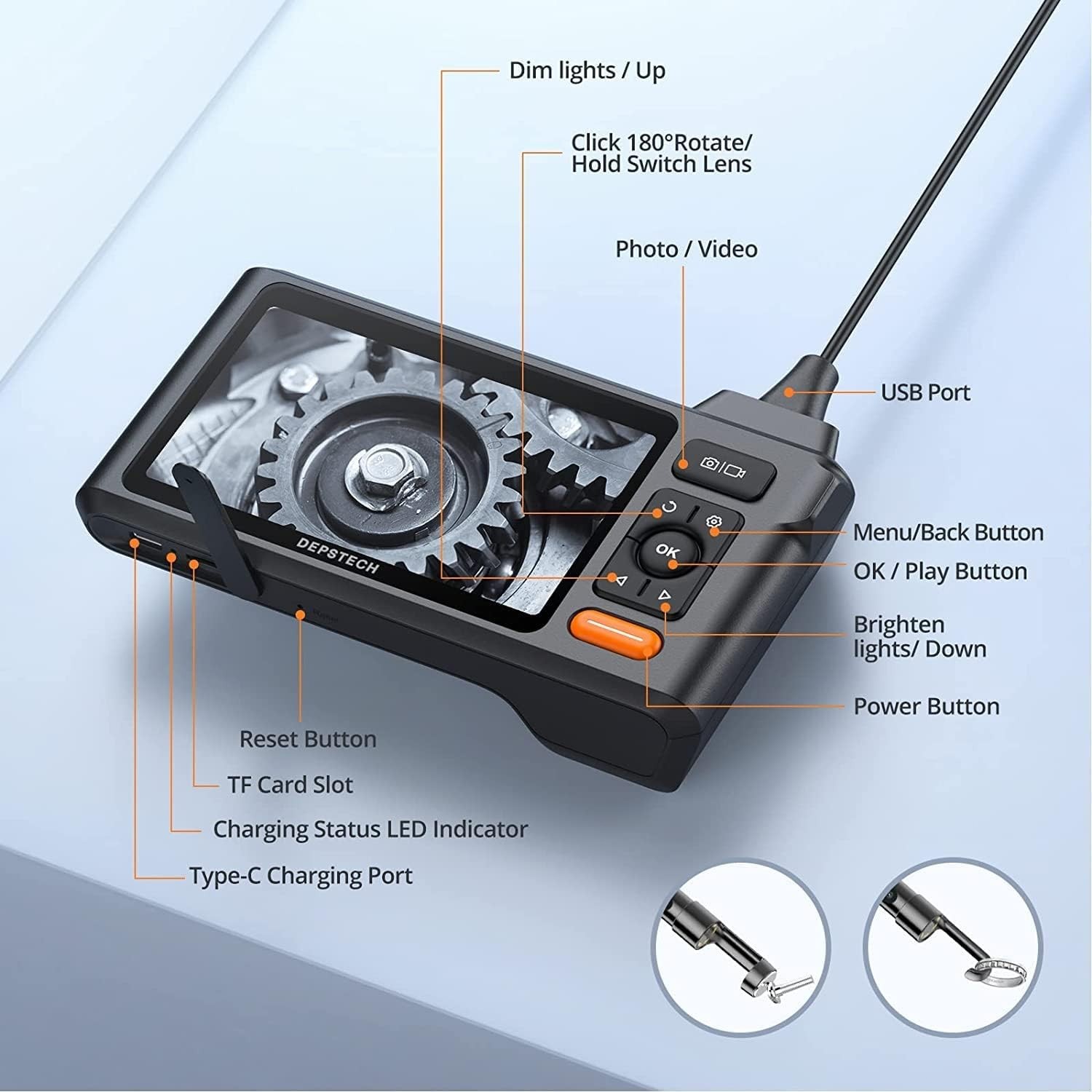 DEPSTECH Triple Lens Borescope Inspection Camera 5"Screen 1080P Endoscope Camera