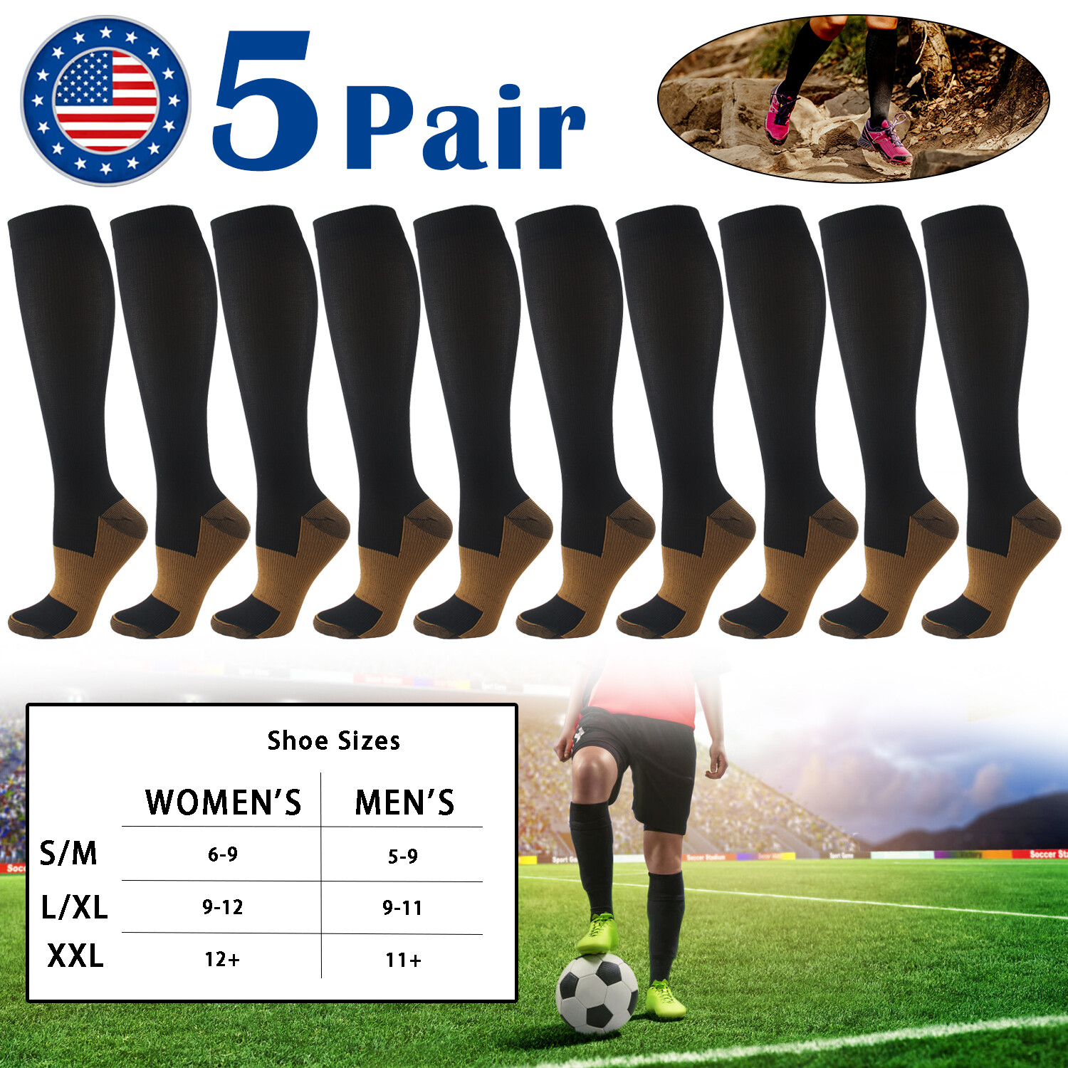 (5 Pairs) Copper Compression Socks 20-30mmHg Graduated Support Mens Womens S-XXL