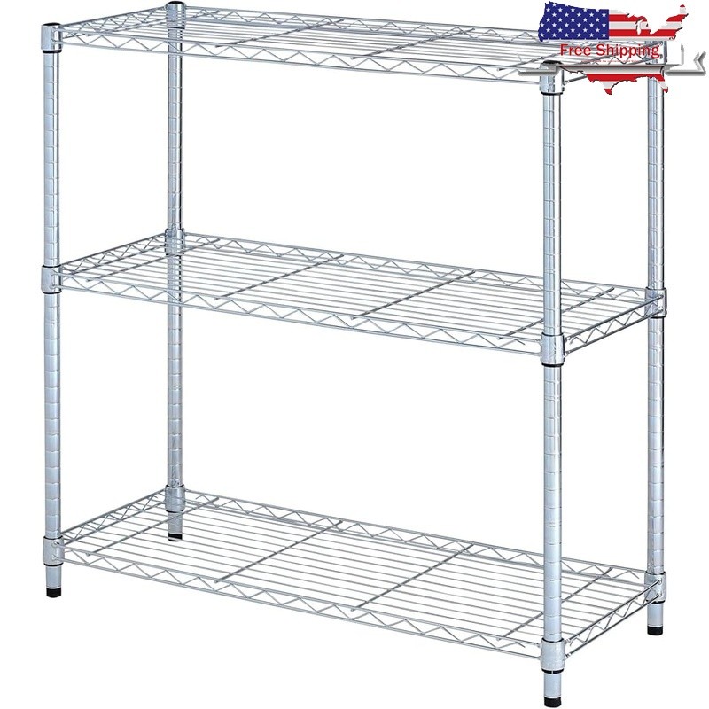 Adjustable Stainless Steel Three-Shelf Utility Wire Shelving Garage Organization