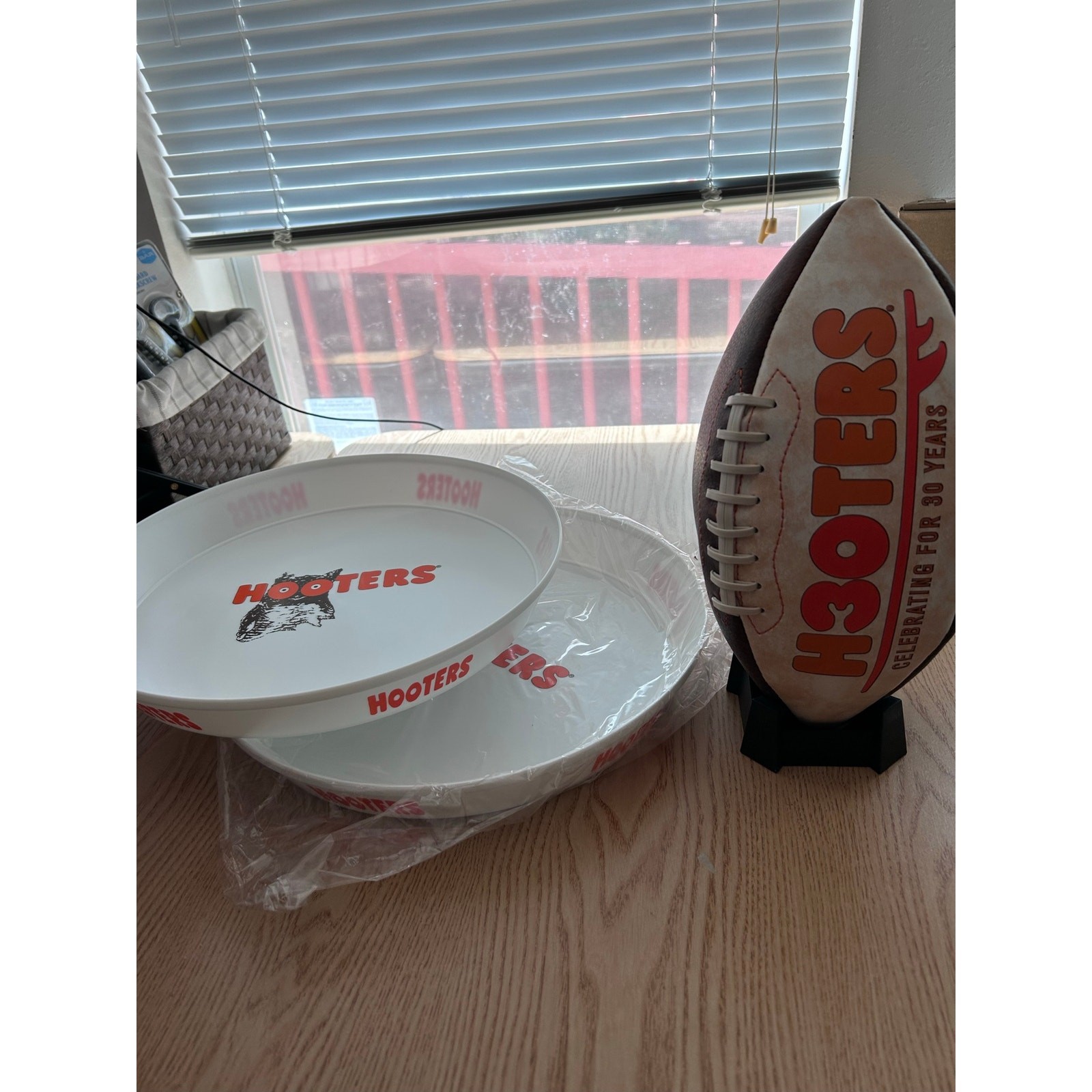 New 2-Hooters Girl Server Food Drinks Trays 13.1/4”x2” Hard Plastic & 1-Football