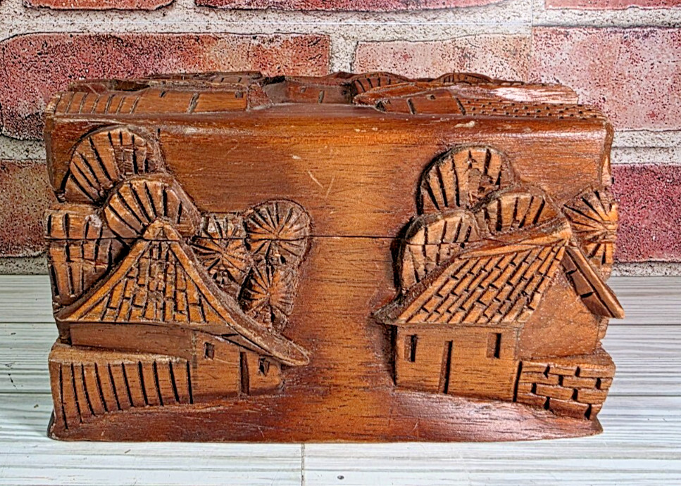 Wood box hand carved of Rotan Honduras village scene Dark wood 3D