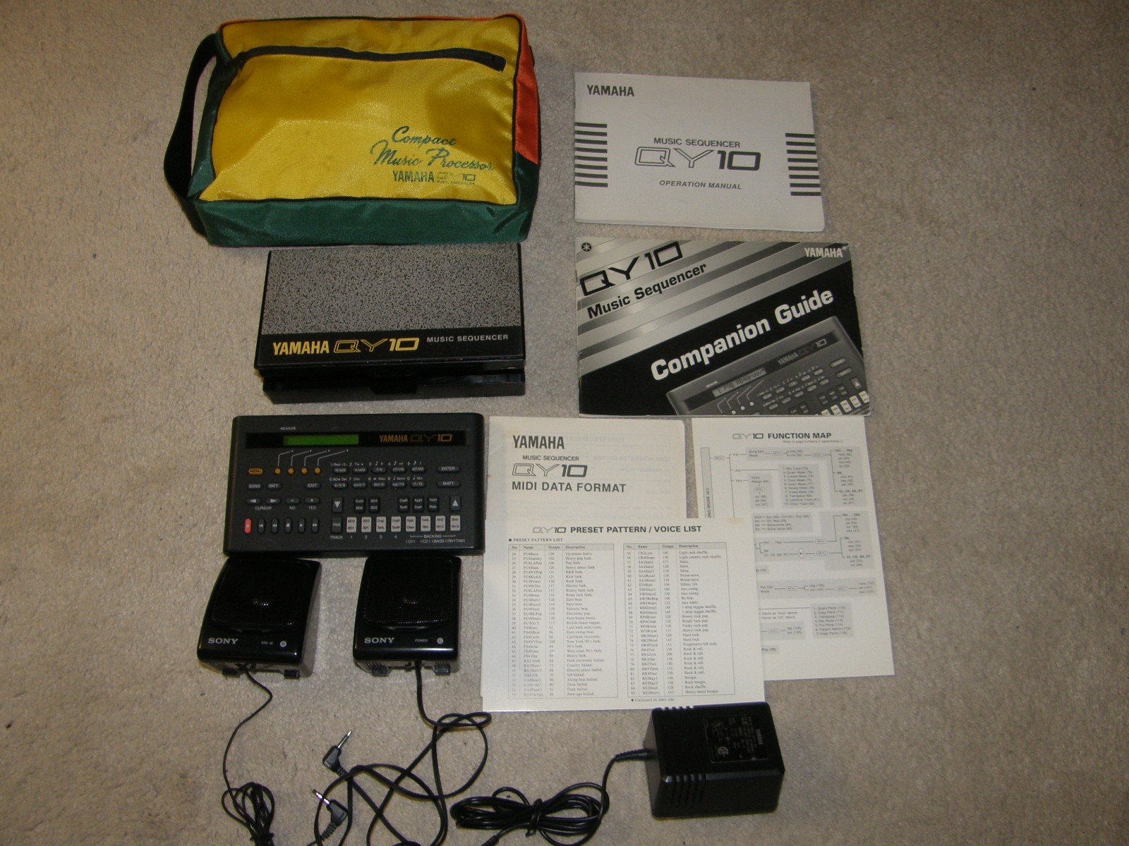 Yamaha QY10 MIDI Sequencer with Case, Bag, Sony Speakers, Power Supply, Manuals