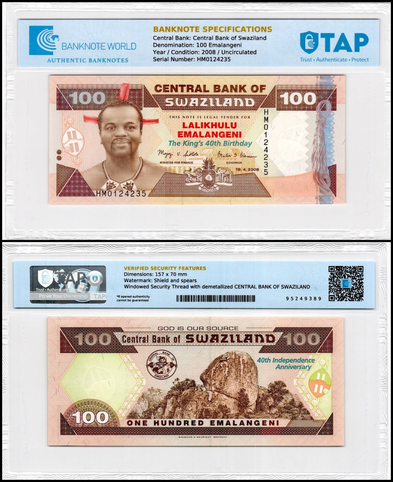 Swaziland 100 Emalangeni, 2008, P-34, UNC, Commemorative, TAP Authenticated