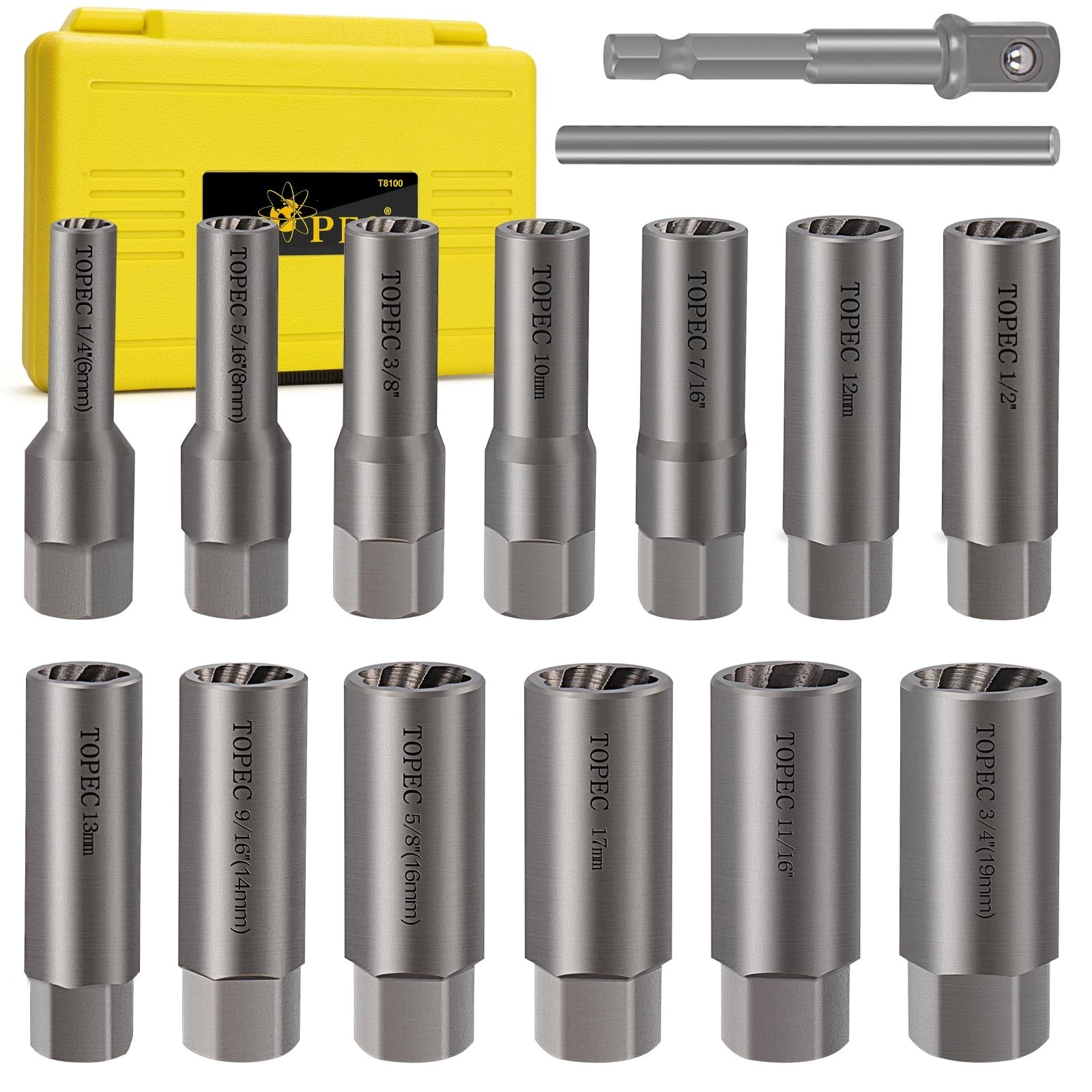 Topec 15PCS Deep Bolt Extractor Kit, 6mm-19mm Nut Extractor Socket Set, 3/8" ...