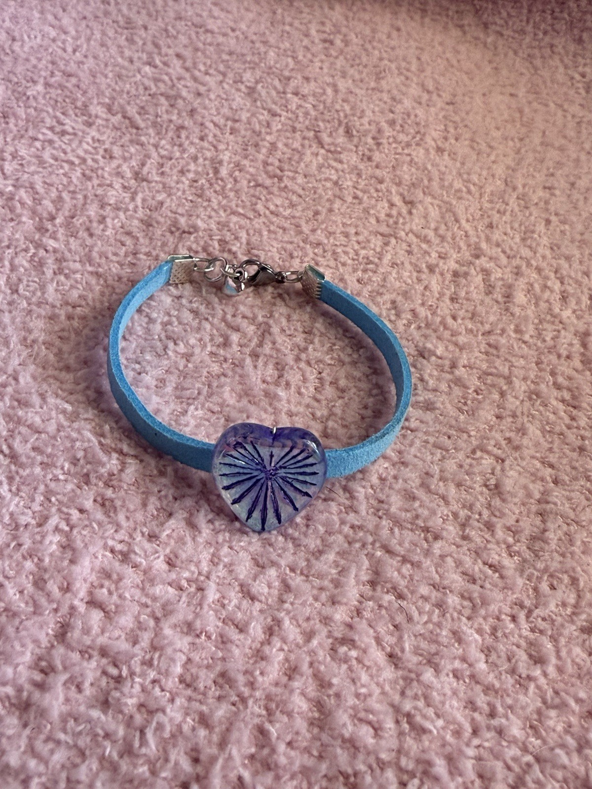 Czech Glass Sky Blue Rainbow Metallic Sunburst Heart Handmade Boho Bracelet Boho