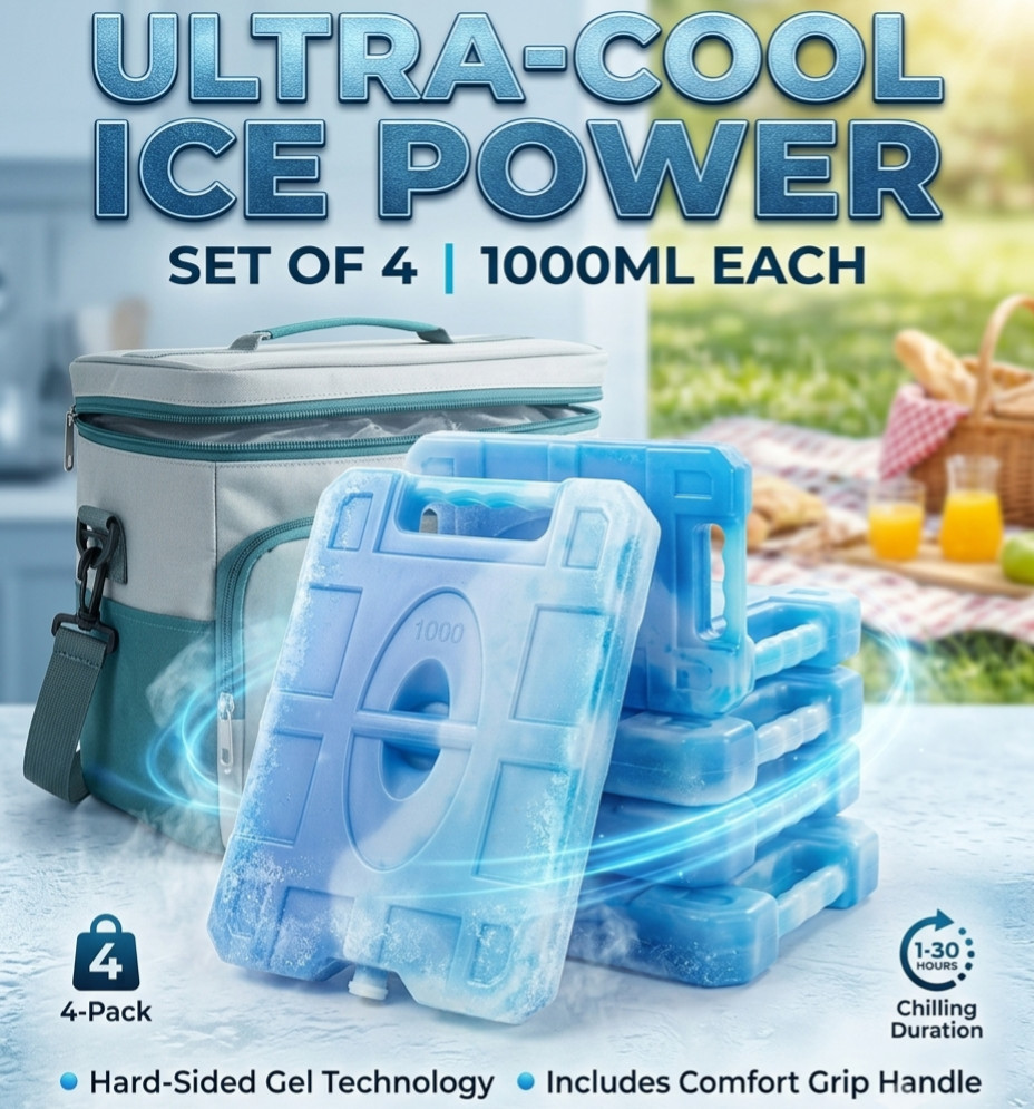Large Reusable Ice Packs Hard Sided Gel Cooler Blocks 1000ML Set of 4
