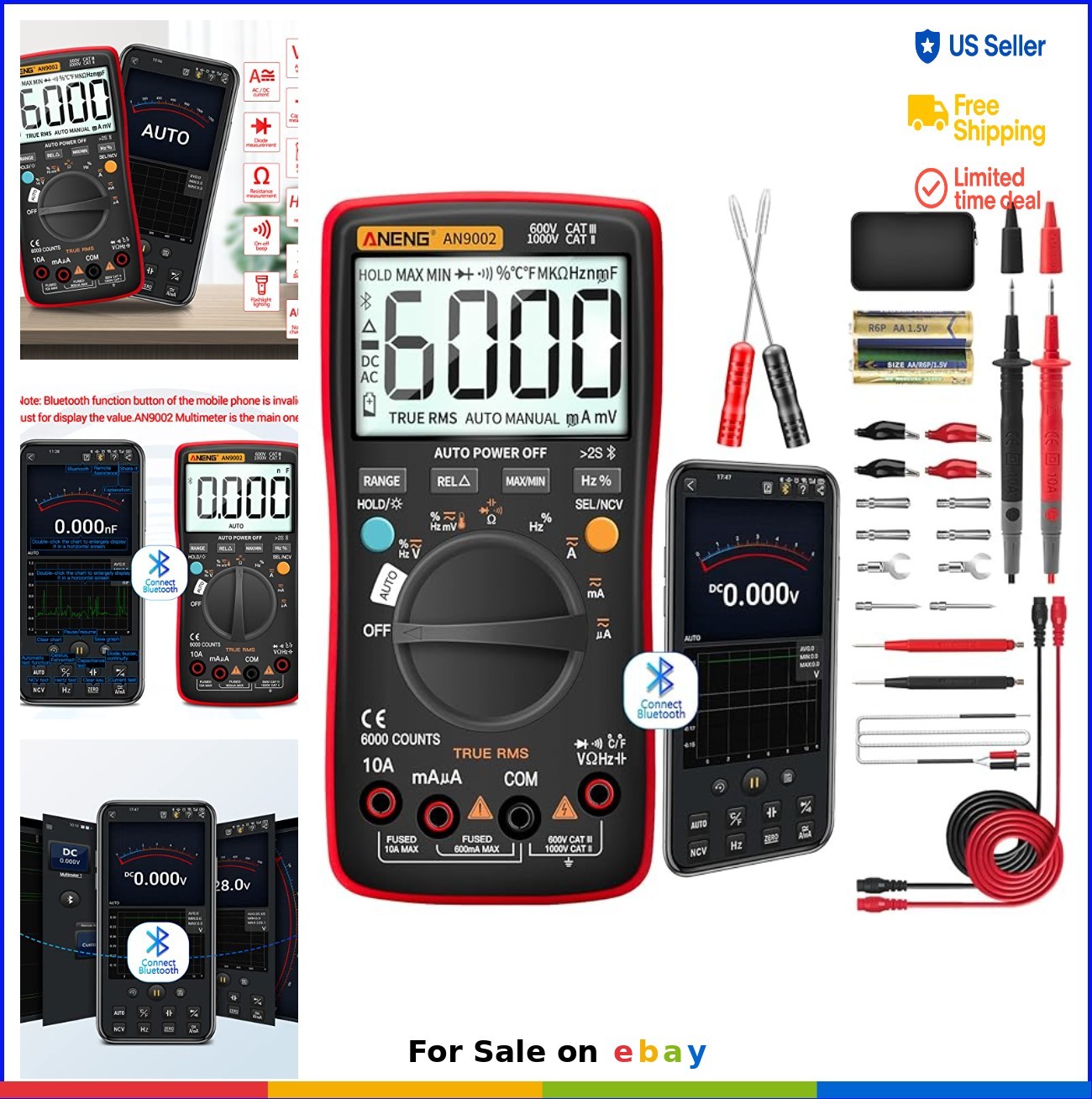 Digital Multimeter Bluetooth Auto Ranging 6000 Counts AC DC Voltage Current Test