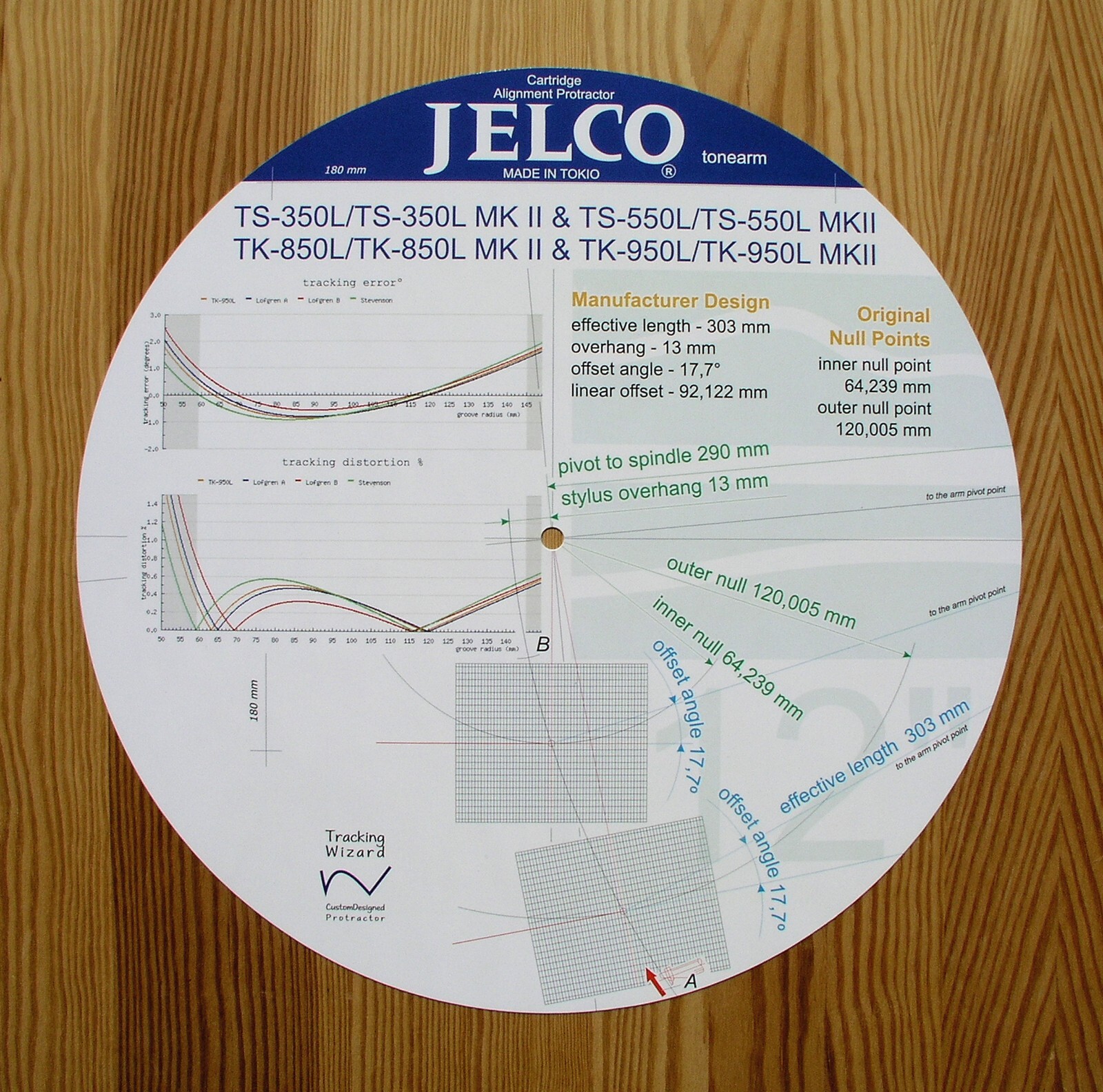 Jelco TS-350L/550L & TK-850L/950L Custom Designed Tonearm Alignment Protractor