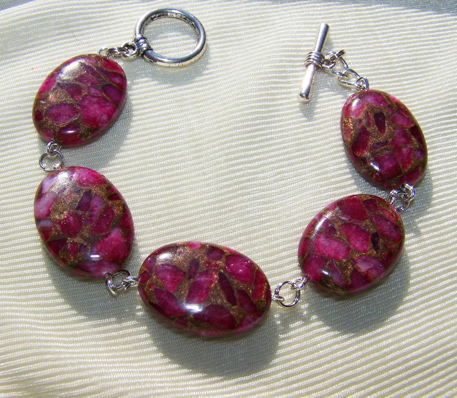 MOSAIC PINK QUARTZ STONE LINK BRACELET  8"  handmade