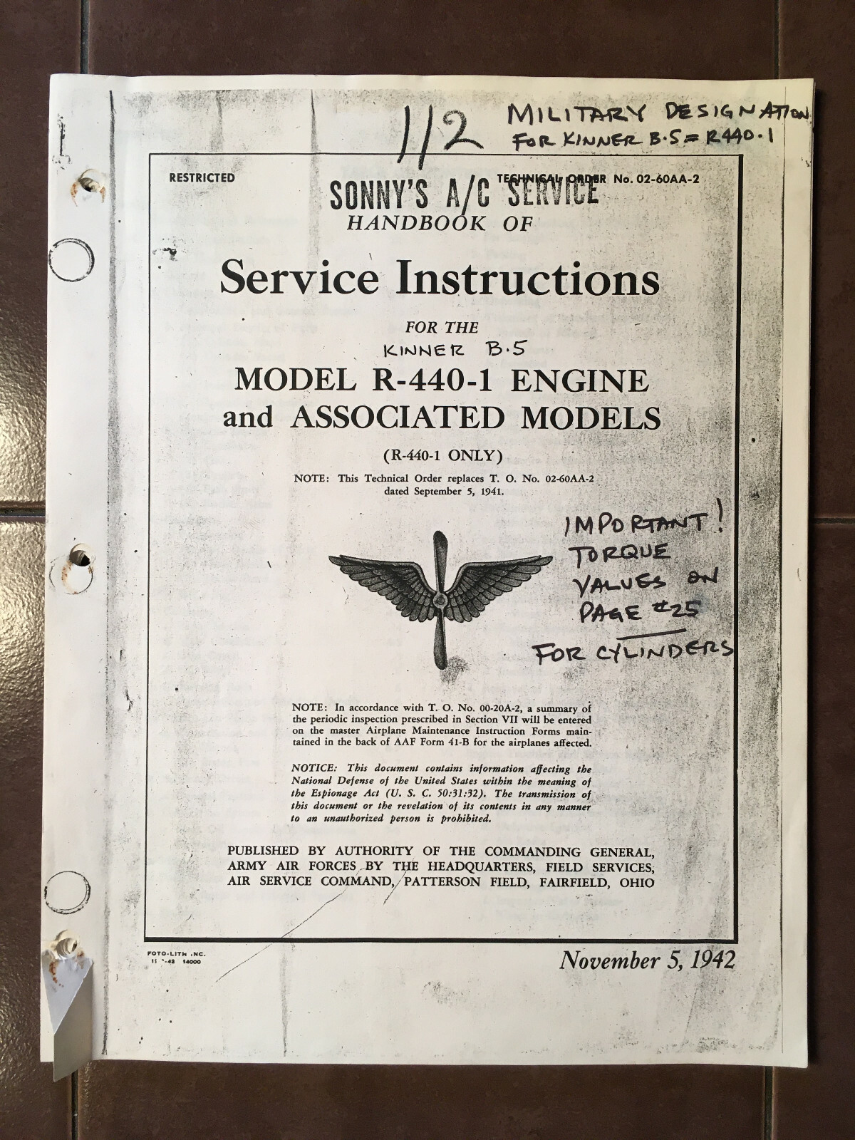 Kinner R-440-1 Aircraft Engine Service Manual