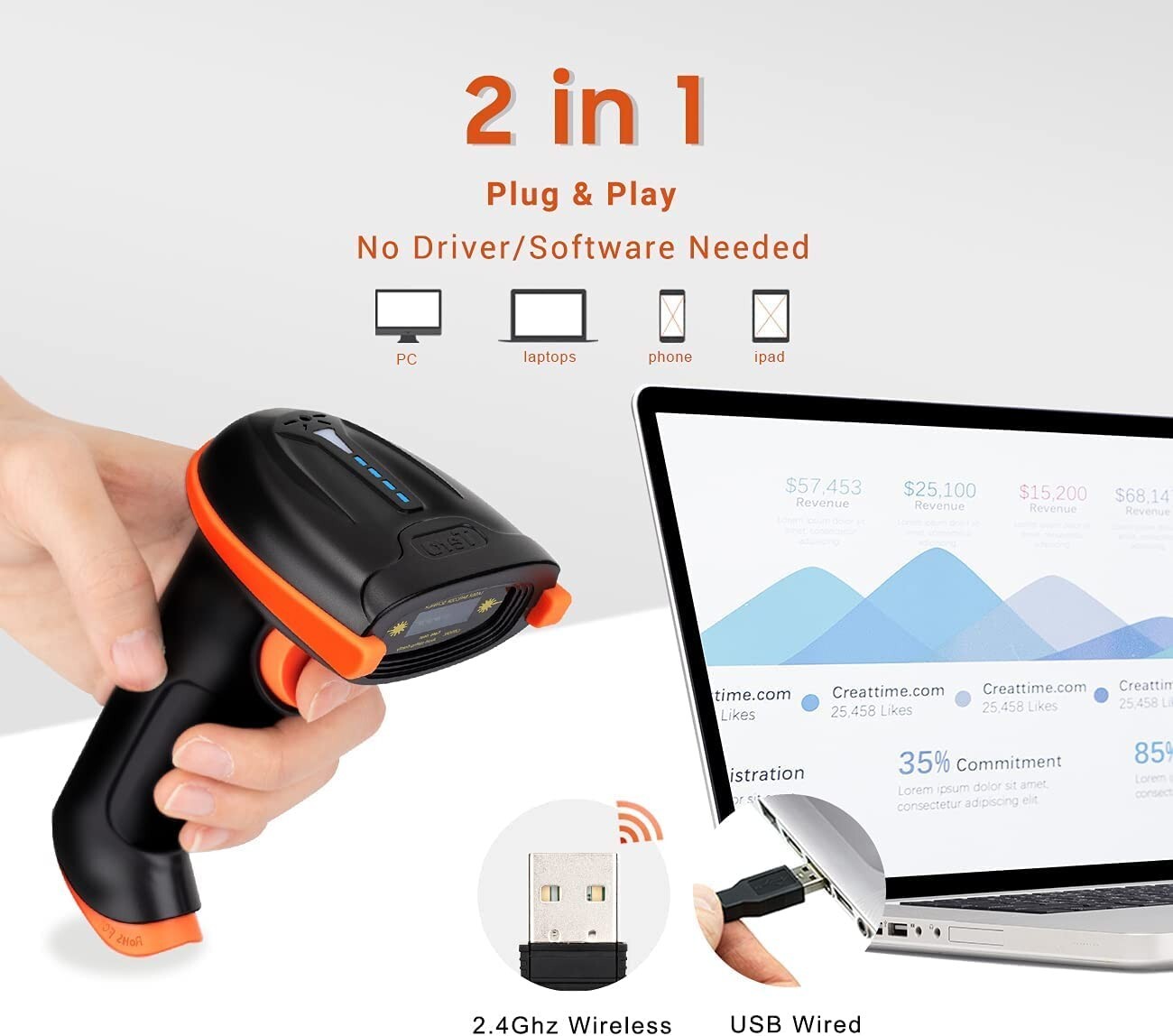Barcode Scanner with Anti Shock Cover - 2 in 1 Wireless & USB Wired Connection