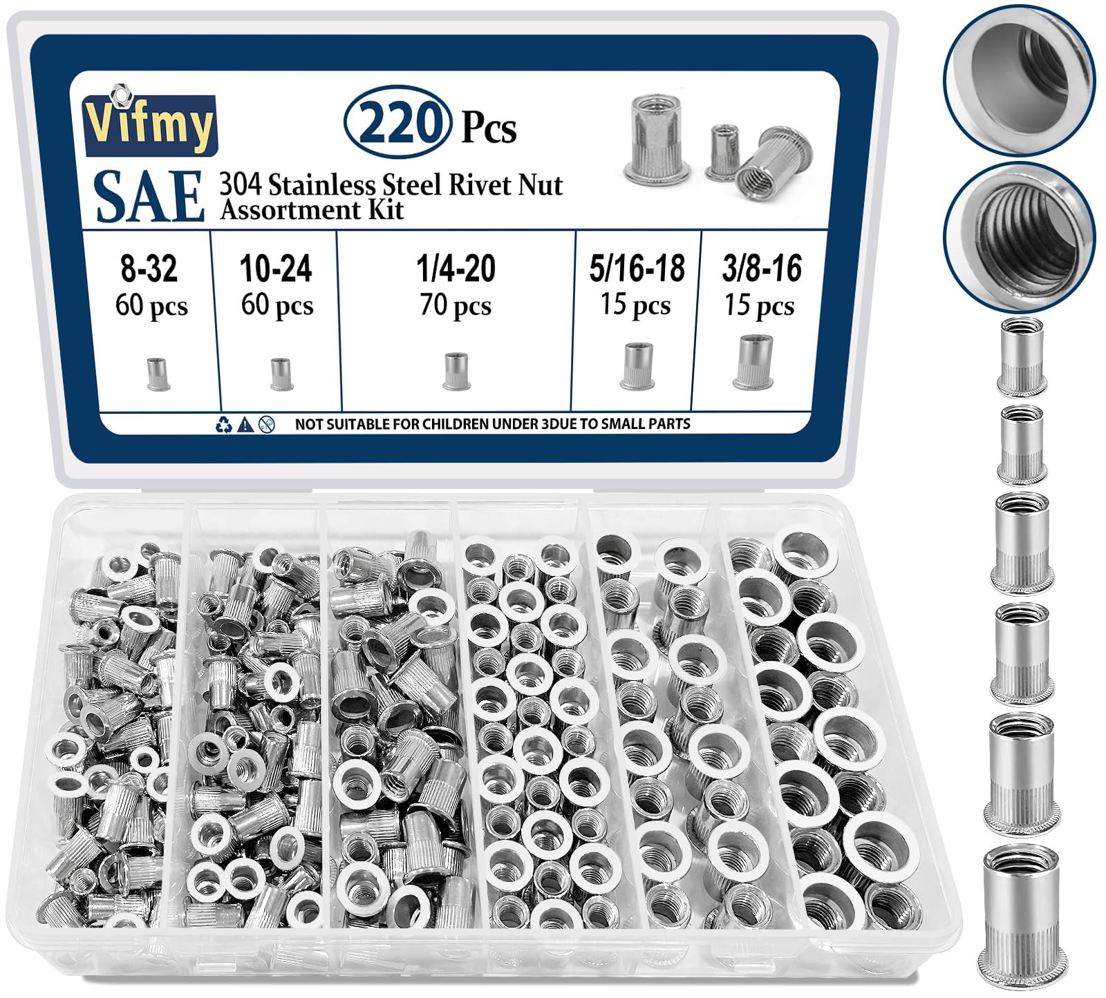 Stainless Steel Rivet Nut Assortment SAE Rivnut Kit 220 Pcs