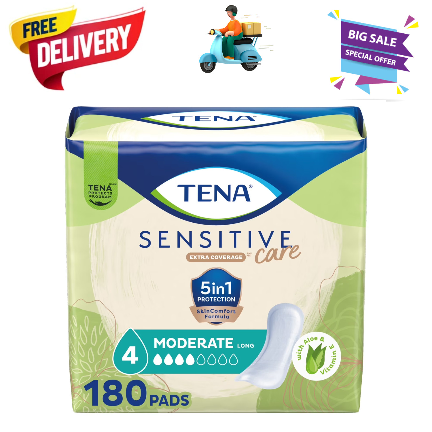 TENA Incontinence Pads Women Moderate Long 180 Count Odor Control