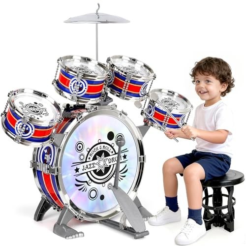 M SANMERSEN Light-Up Kids Drum Set – 5-Piece Toddler Beginner Kit with Stool