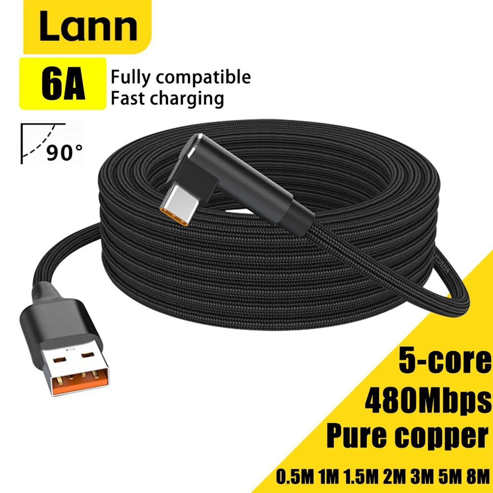 6A USB C Elbow Fast Charging Cable 3M 5M Braided Cord for Samsung Huawei USB