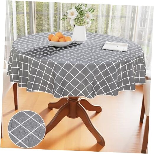 Round Table Cloth, Wipeable Plastic Plaid Tablecloths, 60" (Round) Grey