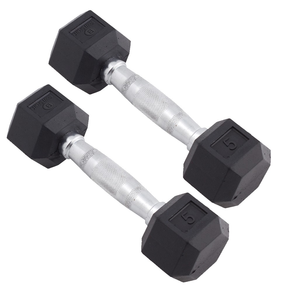 Body Sport Rubber Encased Hex Dumbbell Weight –  Exercises – 5 lb Pair