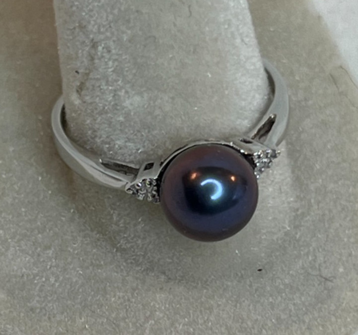 8-9mm peacock cultured Akoya pearl & diamond accent sterling silver ring size 9