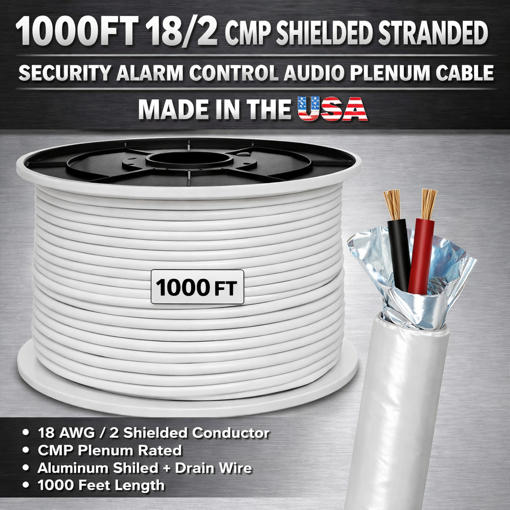 1000FT 18/2 CMP Shielded Stranded Security Alarm Control Audio Plenum Cable