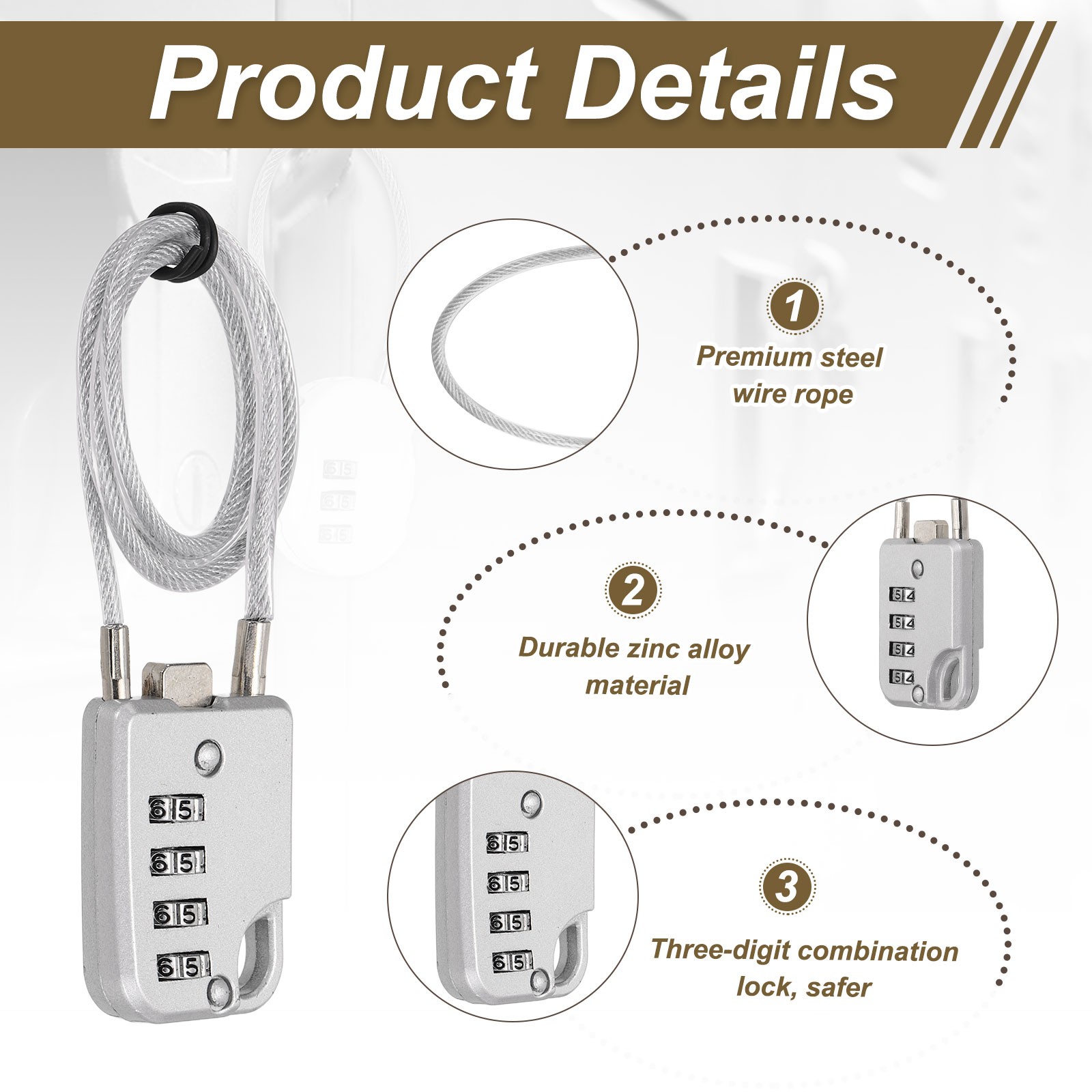 1-Pack Combination Padlock, 4 Digit 20 in Cable Luggage Lock [Silver Grey]