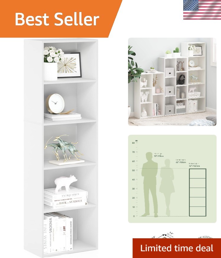 LUDER 5-Tier Contemporary Bookshelf, Open Shelves, Easy Assembly, White
